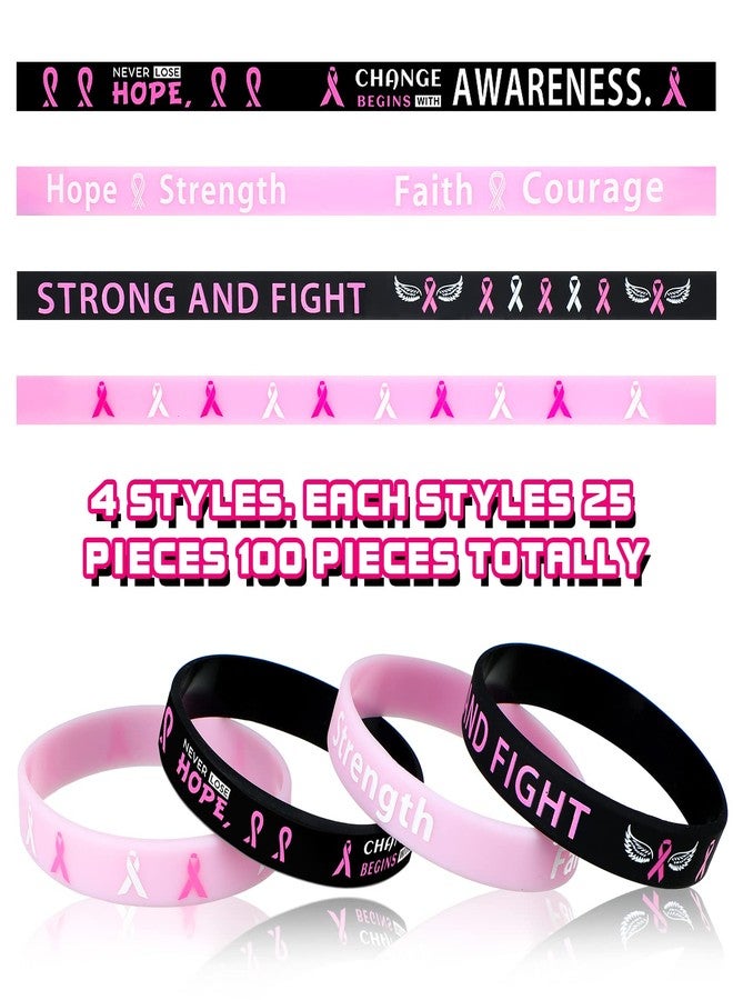Minatee 100 Pcs Breast Cancer Awareness Bracelets, Pink Ribbon Silicone Wristbands with Hope Faith Strength Courage Support Black Breast Cancer Party Favors Gifts for Women(Classic) - Image 2